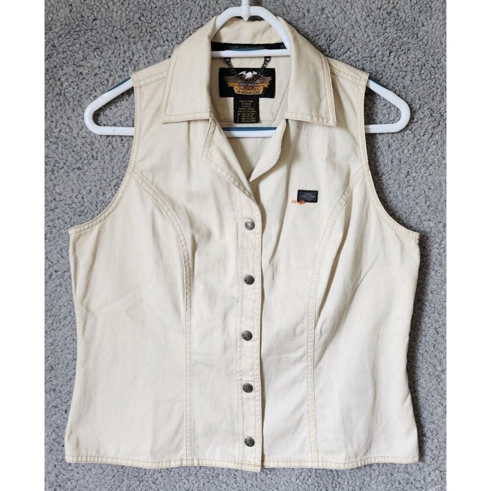 Harley‎ Davidson Women's Sleeveless Metal Snap Button Front Top Off White Sz M